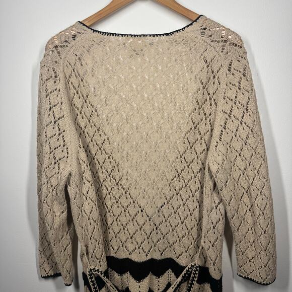 Loft Cardigan Women XL Beige Black Lace Crochet Tie Waist Topper Sweater Boho - Picture 10 of 10